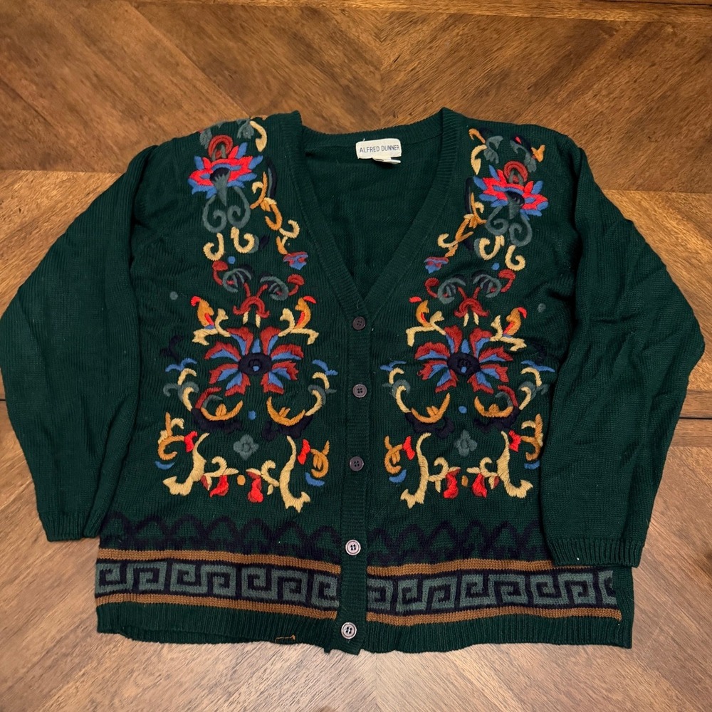 Alfred Dunner Vintage Green Floral Embroidered Cardigan Sweater Wool Blend XL